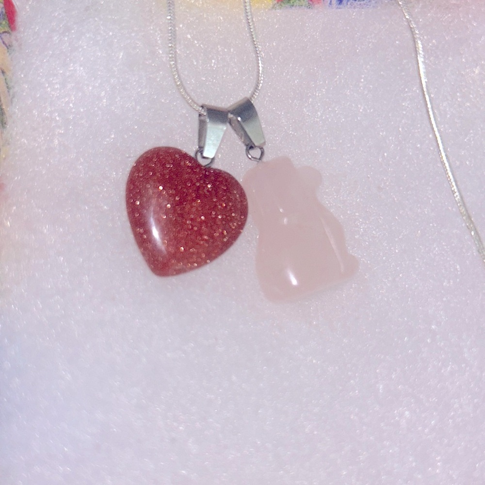 Boho Hippie Rose Quartz Crystal Dog and Goldstone Heart Silver 16” Necklace